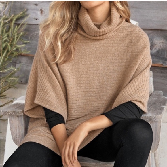 Garnet Hill Cashmere Turtleneck Horizontal Rib Poncho Sweater Cape in Tan | M - Picture 1 of 9